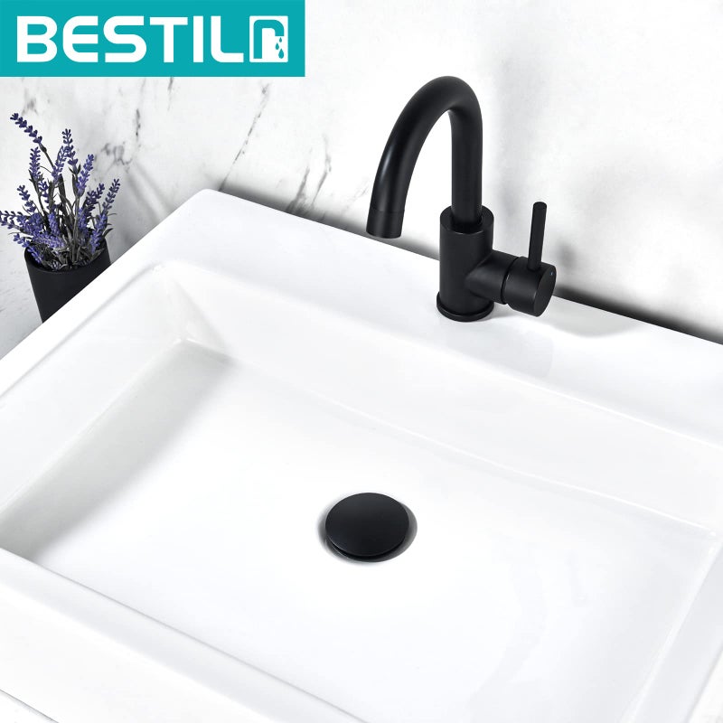 BESTILL Bathroom Sink Drain Stopper, Push Pop Up Drain Without Overflow, Matte Black - Image 2